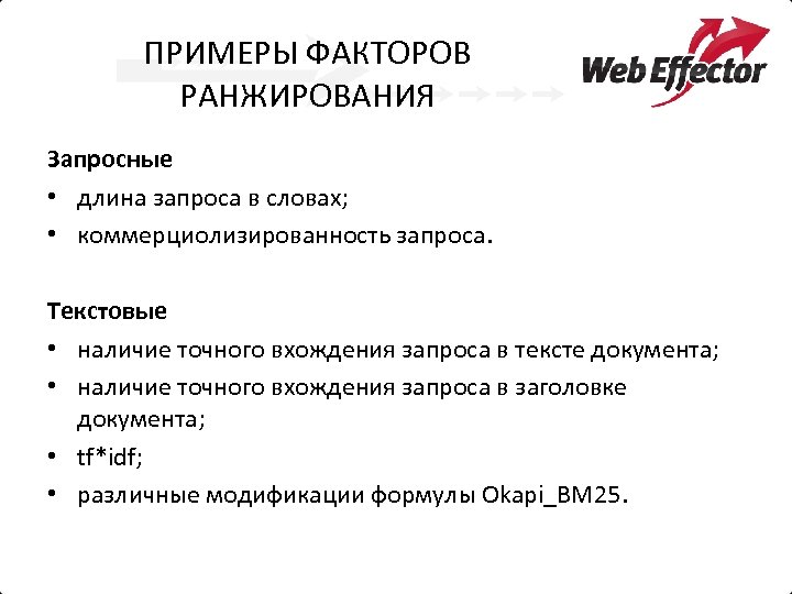 ПРИМЕРЫ ФАКТОРОВ РАНЖИРОВАНИЯ Запросные • длина запроса в словах; • коммерциолизированность запроса. Текстовые •