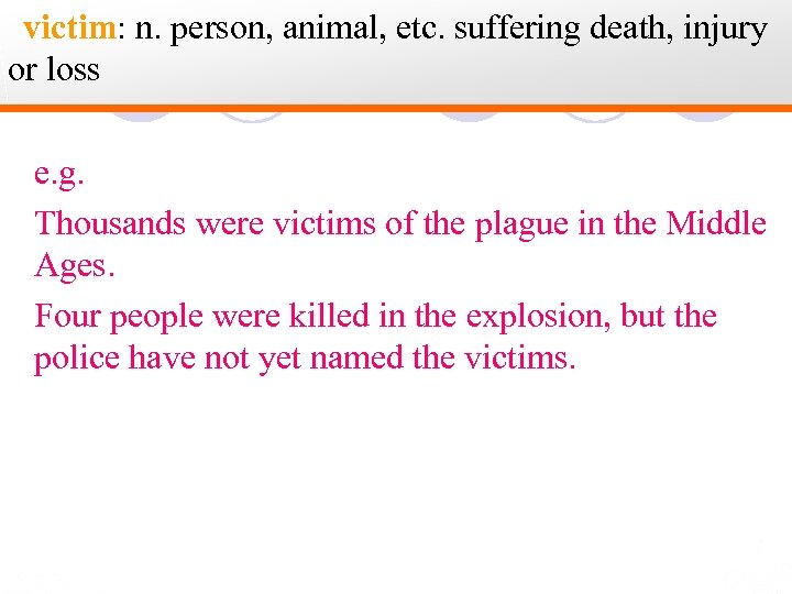 victim: n. person, animal, etc. suffering death, injury or loss e. g. Thousands were