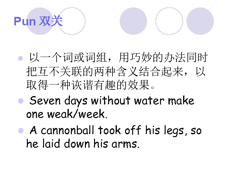 Pun 双关 以一个词或词组，用巧妙的办法同时 把互不关联的两种含义结合起来，以 取得一种诙谐有趣的效果。 l Seven days without water make one weak/week. l