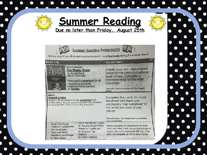 Summer Reading Due no later than Friday, August 25 th r 