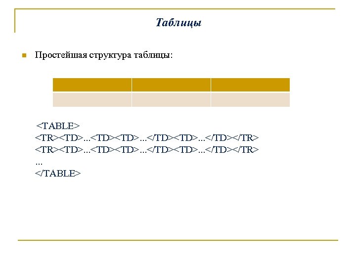 Таблицы n Простейшая структура таблицы: <TABLE> <TR><TD>. . . <TD><TD>. . . </TD><TD>. .