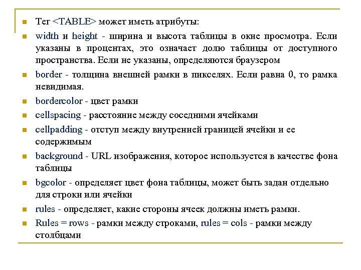 n n n n n Тег <TABLE> может иметь атрибуты: width и height -