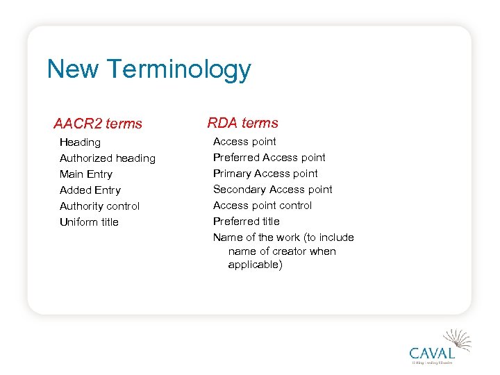 New Terminology AACR 2 terms Heading Authorized heading Main Entry Added Entry Authority control