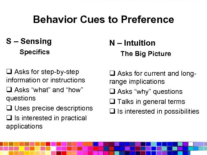 Behavior Cues to Preference S – Sensing Specifics q Asks for step-by-step information or
