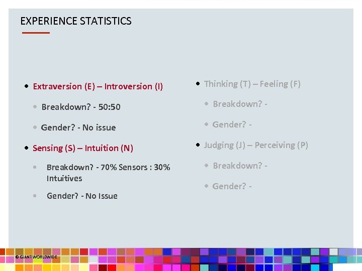 EXPERIENCE STATISTICS • Extraversion (E) – Introversion (I) • Thinking (T) – Feeling (F)