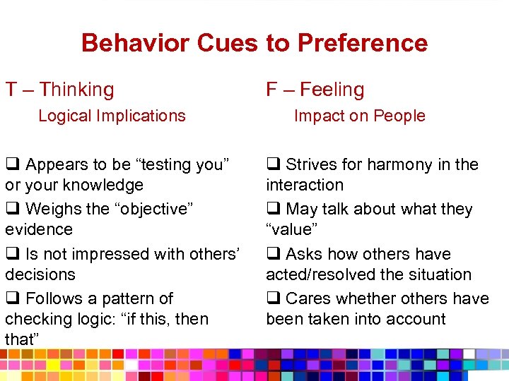 Behavior Cues to Preference T – Thinking Logical Implications q Appears to be “testing