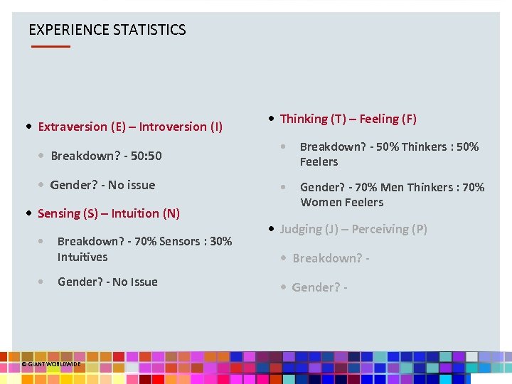 EXPERIENCE STATISTICS • Extraversion (E) – Introversion (I) • Breakdown? - 50: 50 •