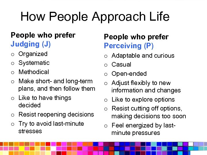 How People Approach Life People who prefer Judging (J) People who prefer Perceiving (P)