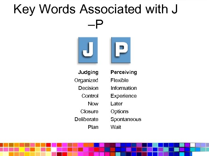 Key Words Associated with J –P Judging Organized Decision Control Now Closure Deliberate Plan