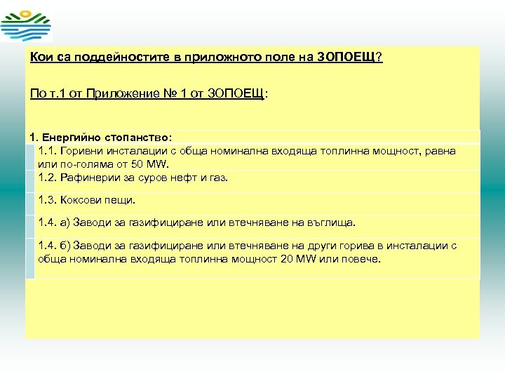 Кои са поддейностите в приложното поле на ЗОПОЕЩ? По т. 1 от Приложение №