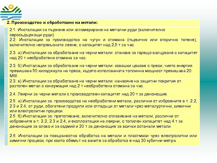  2. Производство и обработване на метали: 2. 1. Инсталации за пържене или агломериране