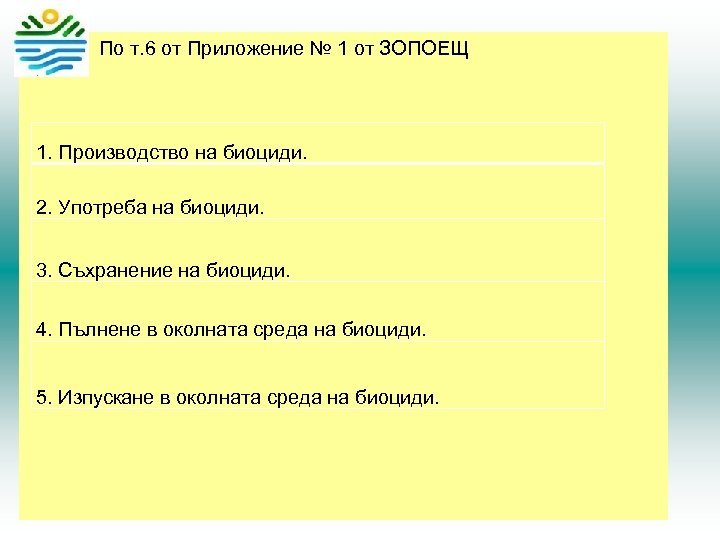  По т. 6 от Приложение № 1 от ЗОПОЕЩ 1. Производство на биоциди.