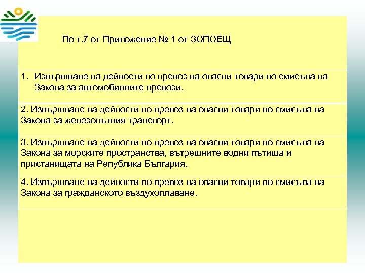  По т. 7 от Приложение № 1 от ЗОПОЕЩ 1. Извършване на дейности