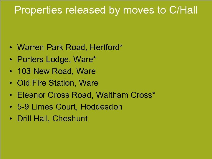 Properties released by moves to C/Hall • • Warren Park Road, Hertford* Porters Lodge,