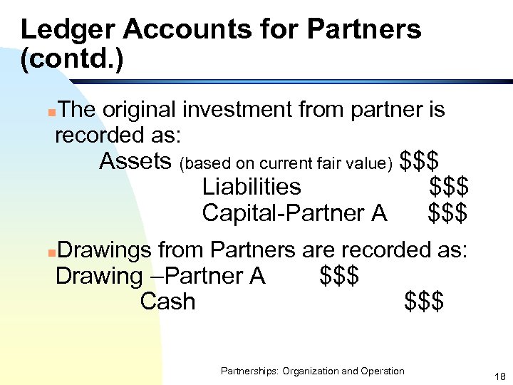 Ledger Accounts for Partners (contd. ) The original investment from partner is recorded as: