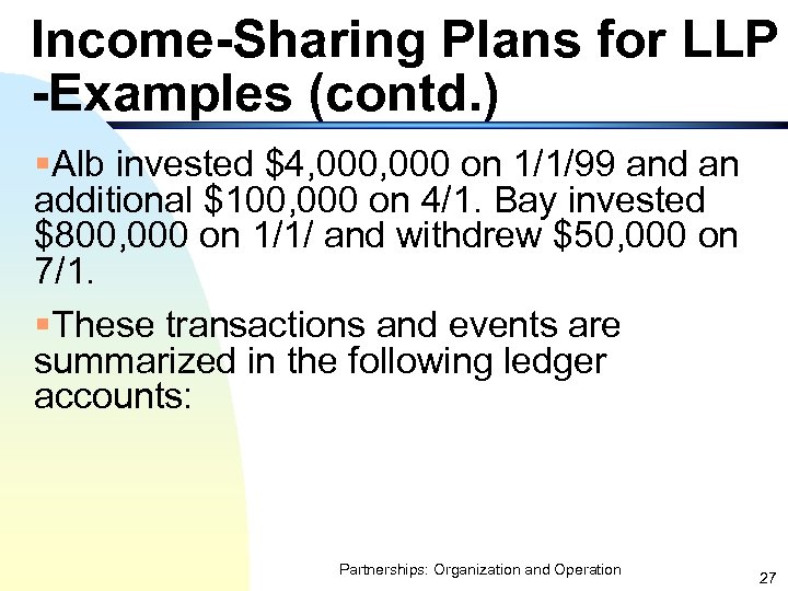 Income-Sharing Plans for LLP -Examples (contd. ) §Alb invested $4, 000 on 1/1/99 and