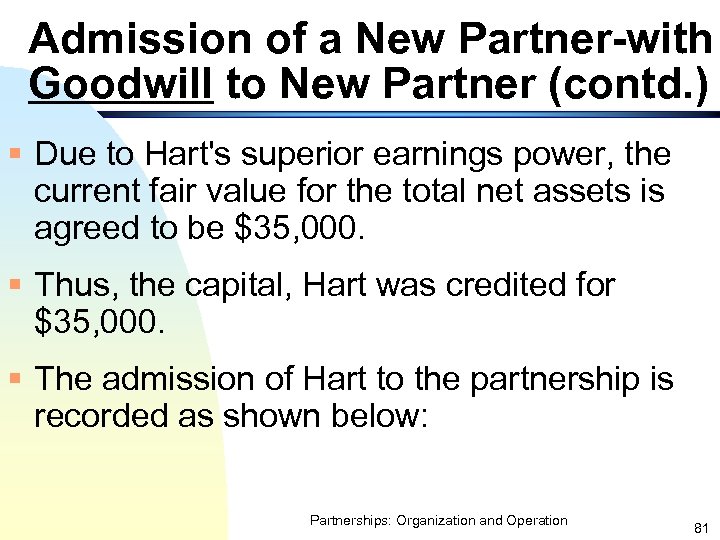 Admission of a New Partner-with Goodwill to New Partner (contd. ) § Due to