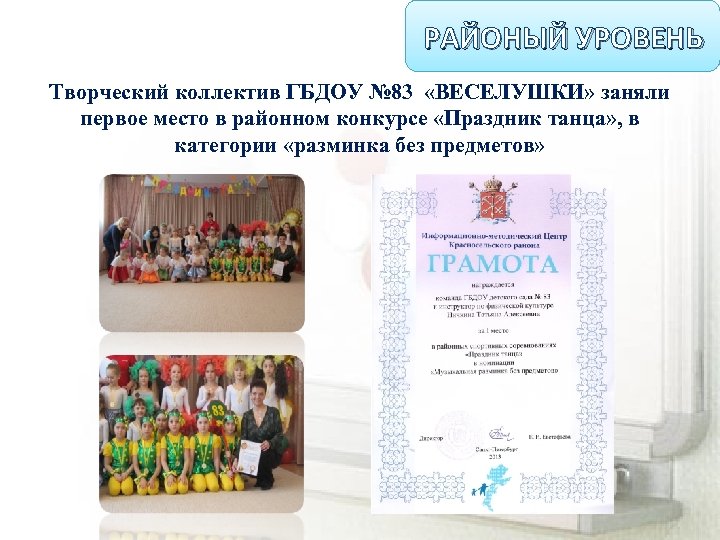 РАЙОНЫЙ УРОВЕНЬ Творческий коллектив ГБДОУ № 83 «ВЕСЕЛУШКИ» заняли первое место в районном конкурсе