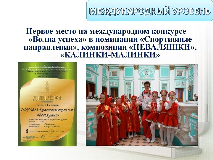 МЕЖДУНАРОДНЫЙ УРОВЕНЬ Первое место на международном конкурсе «Волна успеха» в номинации «Спортивные направления» ,
