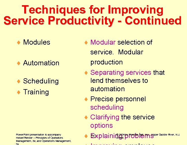 Techniques for Improving Service Productivity - Continued ¨ Modules ¨ Automation ¨ Scheduling ¨