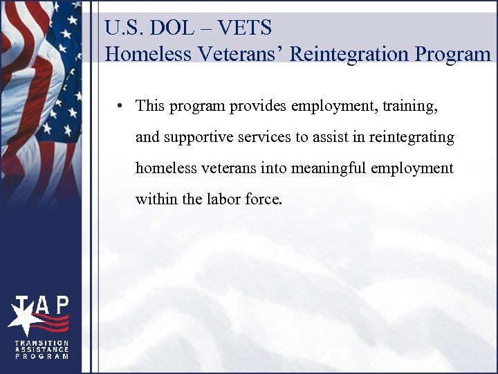 U. S. DOL – VETS Homeless Veterans’ Reintegration Program • This program provides employment,