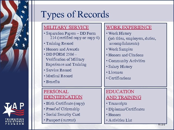 Types of Records MILITARY SERVICE WORK EXPERIENCE • Separation Papers – DD Form 214