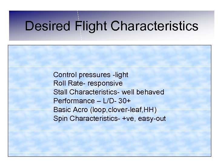 Desired Flight Characteristics Control pressures -light Roll Rate- responsive Stall Characteristics- well behaved Performance