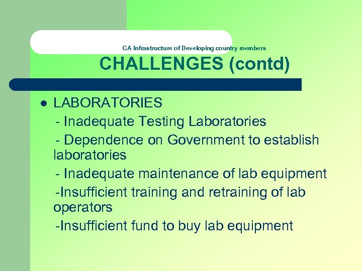 CA Infrastructure of Developing country members CHALLENGES (contd) l LABORATORIES - Inadequate Testing Laboratories
