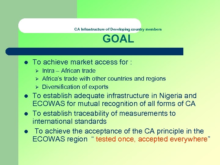 CA Infrastructure of Developing country members GOAL l To achieve market access for :