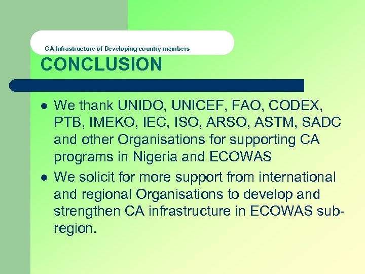 CA Infrastructure of Developing country members CONCLUSION l l We thank UNIDO, UNICEF, FAO,