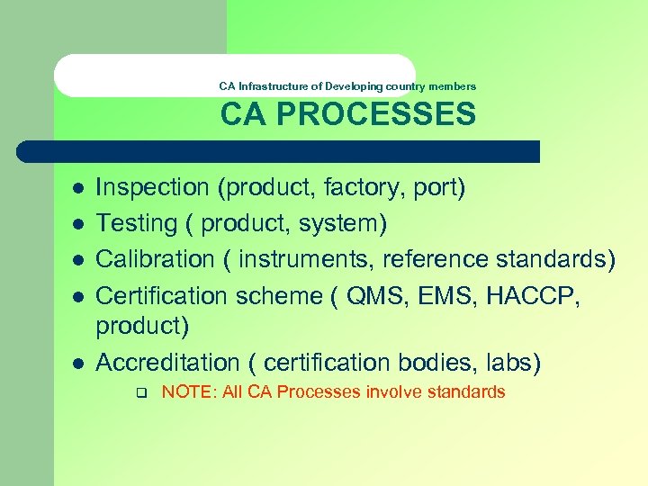 CA Infrastructure of Developing country members CA PROCESSES l l l Inspection (product, factory,