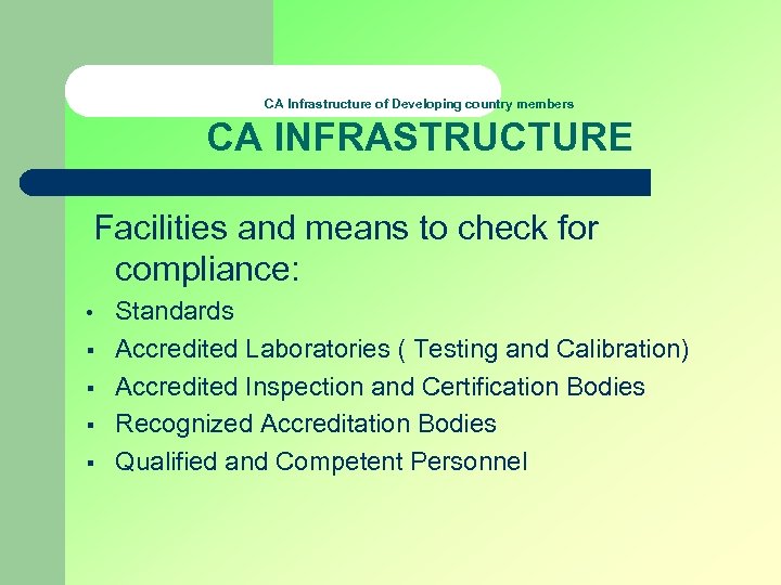 CA Infrastructure of Developing country members CA INFRASTRUCTURE Facilities and means to check for