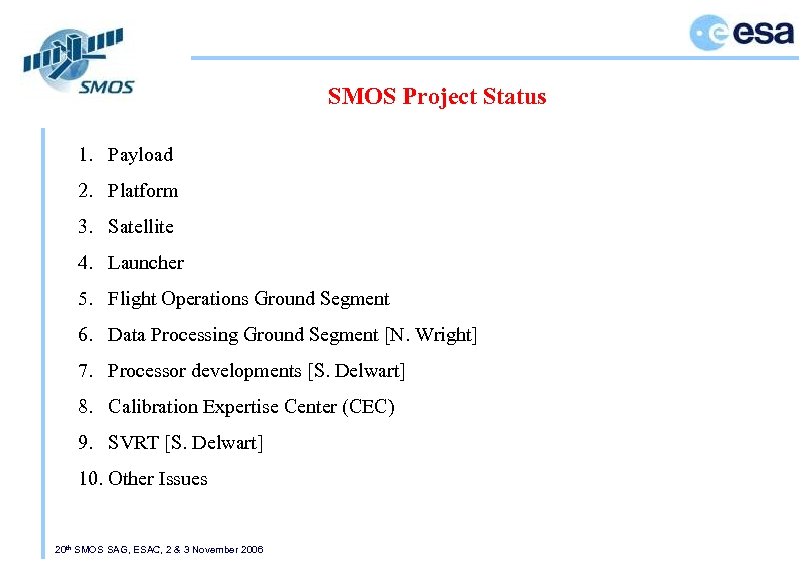 SMOS Project Status 1. Payload 2. Platform 3. Satellite 4. Launcher 5. Flight Operations