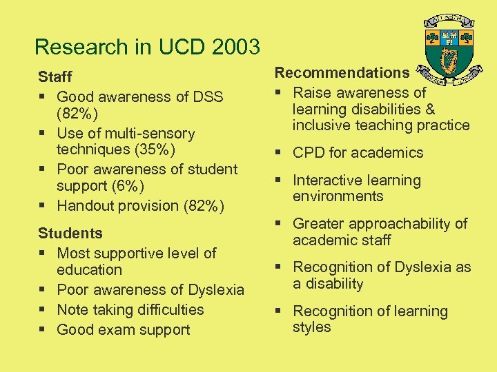 Research in UCD 2003 Staff § Good awareness of DSS (82%) § Use of