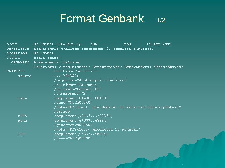 Format Genbank 1/2 LOCUS DEFINITION ACCESSION SOURCE ORGANISM NC_003071 19643621 bp DNA PLN 13