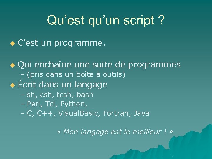 Qu’est qu’un script ? u C’est un programme. u Qui enchaîne une suite de