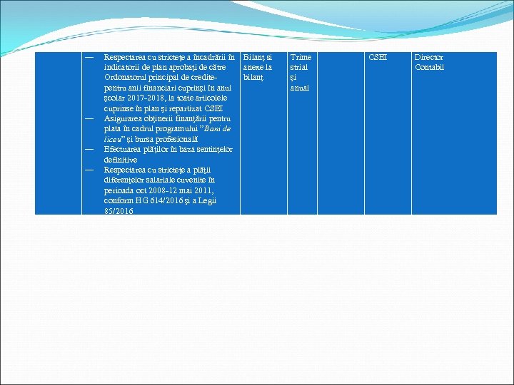 ― ― Respectarea cu stricteţe a încadrării în indicatorii de plan aprobaţi de către