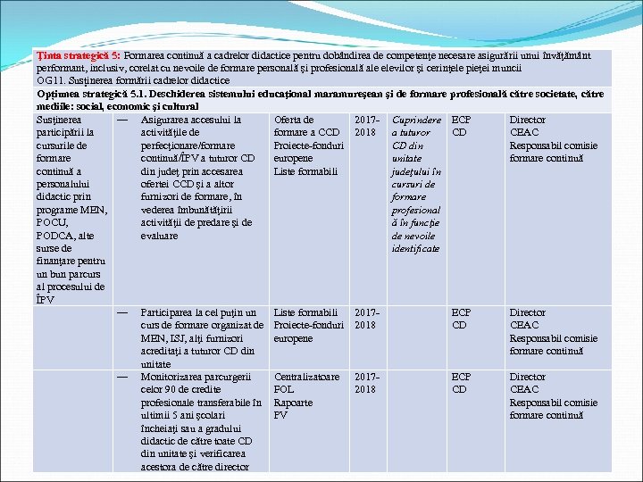 Ţinta strategică 5: Formarea continuă a cadrelor didactice pentru dobândirea de competenţe necesare asigurării