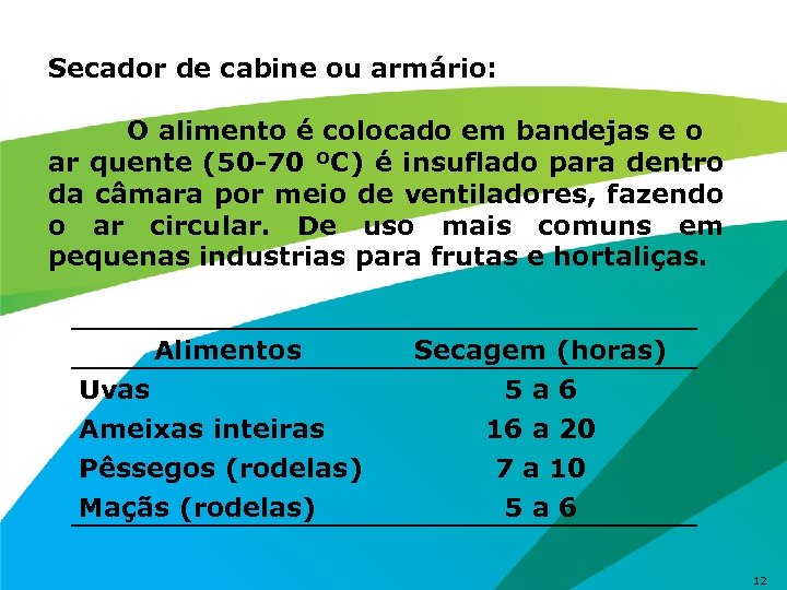 Secador de cabine ou armário: O alimento é colocado em bandejas e o ar