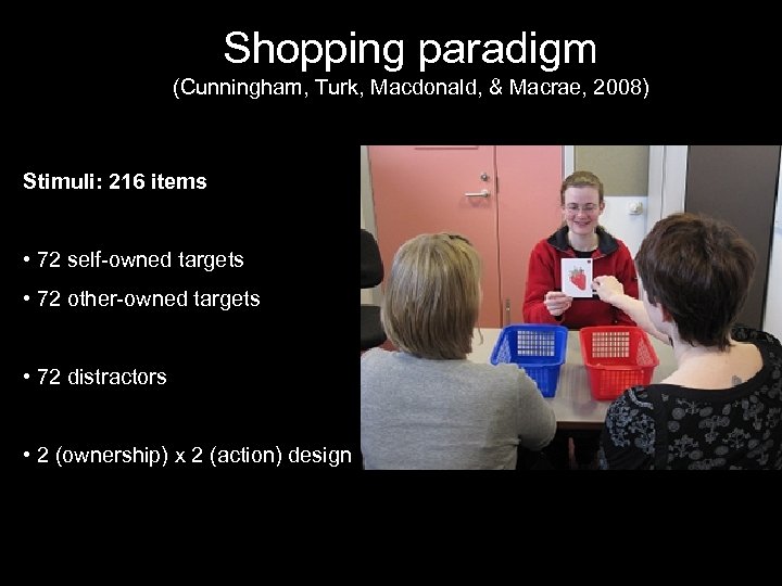 Shopping paradigm (Cunningham, Turk, Macdonald, & Macrae, 2008) Stimuli: 216 items • 72 self-owned