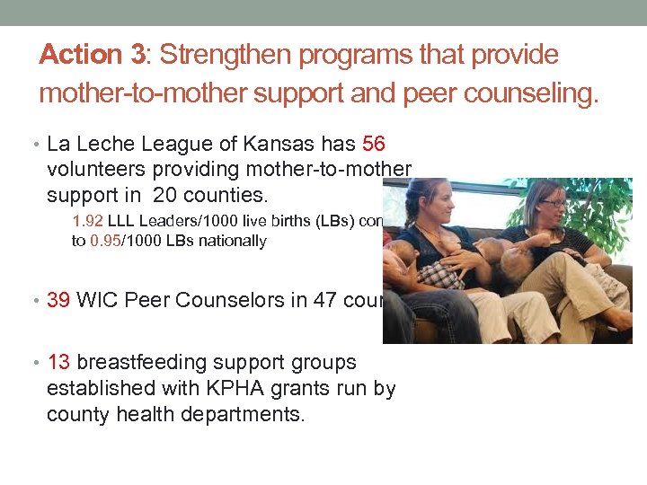 Action 3: Strengthen programs that provide mother-to-mother support and peer counseling. • La Leche