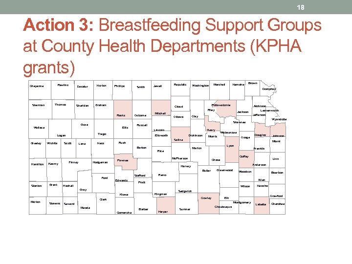 18 Action 3: Breastfeeding Support Groups at County Health Departments (KPHA grants) Rawlins Cheyenne