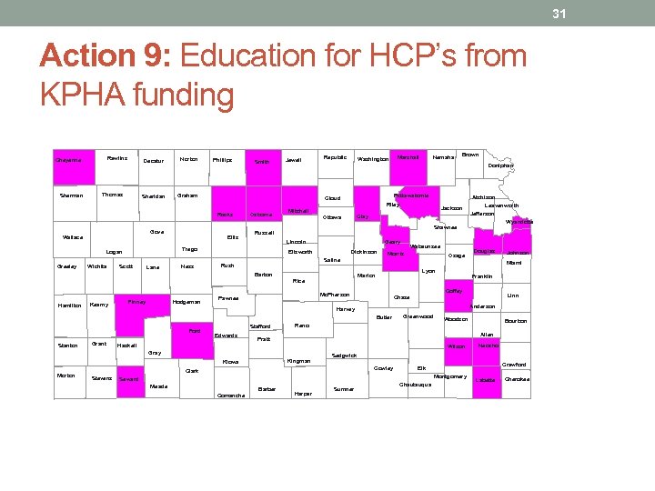31 Action 9: Education for HCP’s from KPHA funding Rawlins Cheyenne Sherman Decatur Sheridan