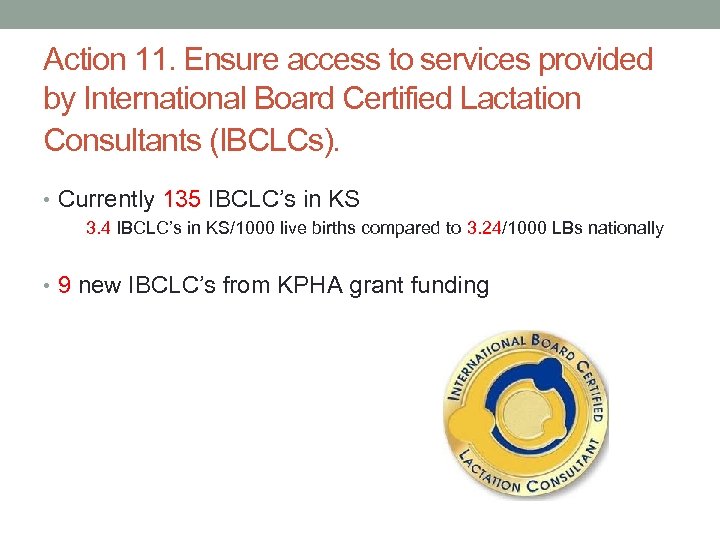 Action 11. Ensure access to services provided by International Board Certified Lactation Consultants (IBCLCs).