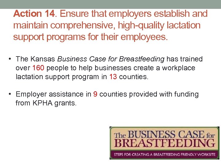 Action 14. Ensure that employers establish and maintain comprehensive, high-quality lactation support programs for