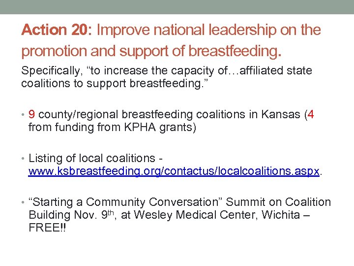 Action 20: Improve national leadership on the promotion and support of breastfeeding. Specifically, “to