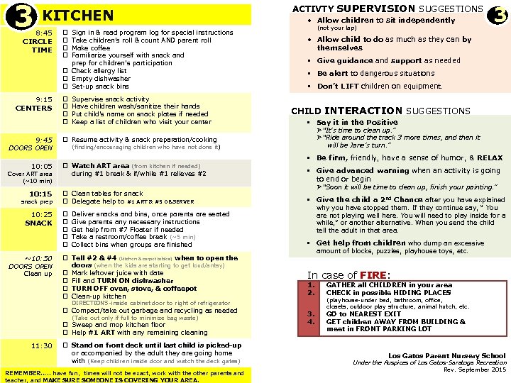 3 #3 ACTIVTY SUPERVISION SUGGESTIONS KITCHEN 8: 45 CIRCLE TIME 9: 15 CENTERS 9: