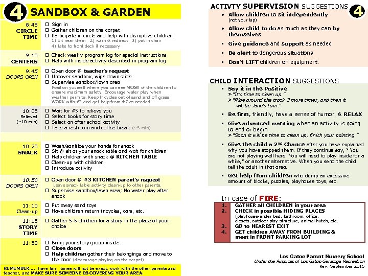 4 #4 SANDBOX & GARDEN 8: 45 CIRCLE TIME 9: 15 CENTERS 9: 45