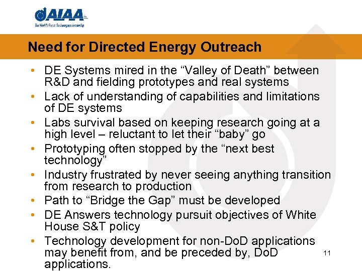 Need for Directed Energy Outreach • DE Systems mired in the “Valley of Death”