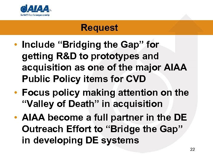 Request • Include “Bridging the Gap” for getting R&D to prototypes and acquisition as